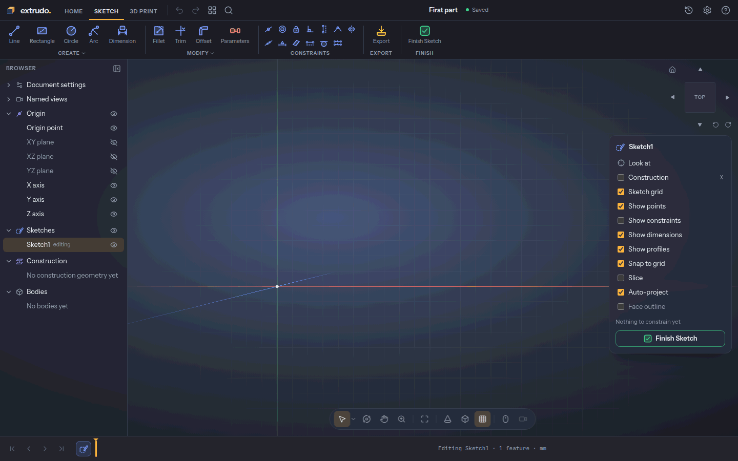 A new, empty sketch seen from above