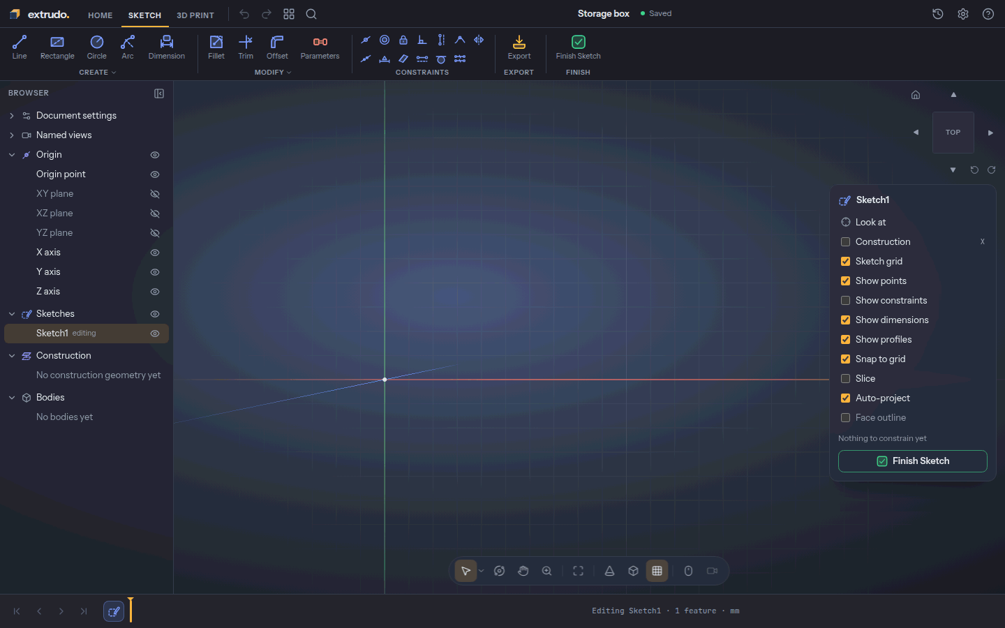 A new, empty sketch seen from above