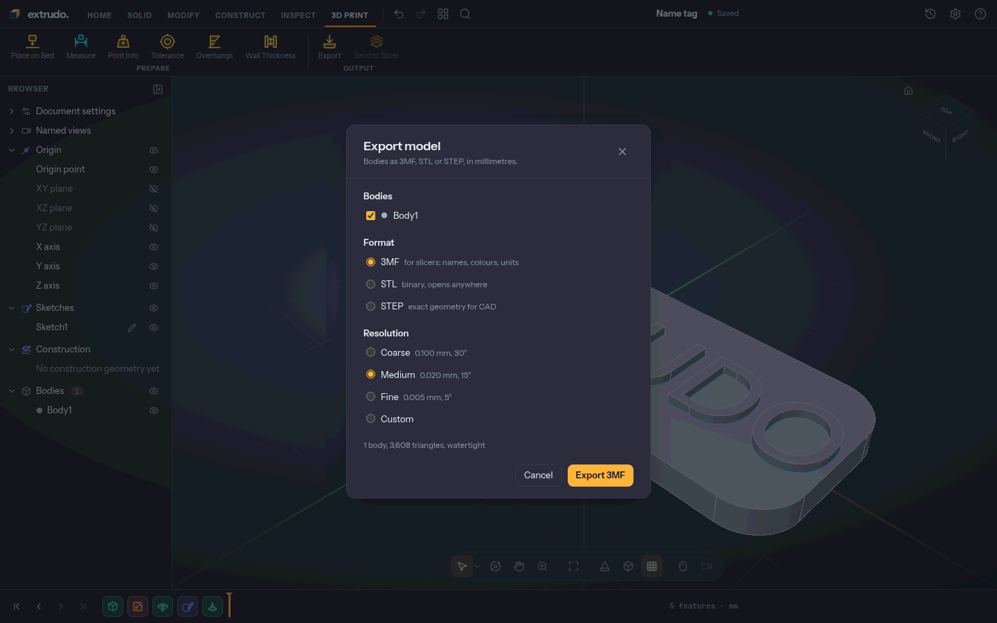 The Export dialog set to 3MF