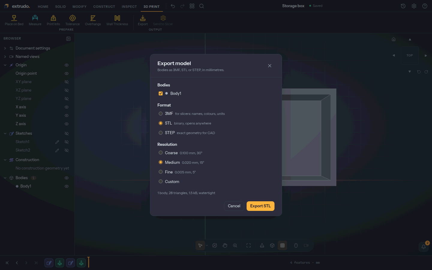The Export dialog set to STL