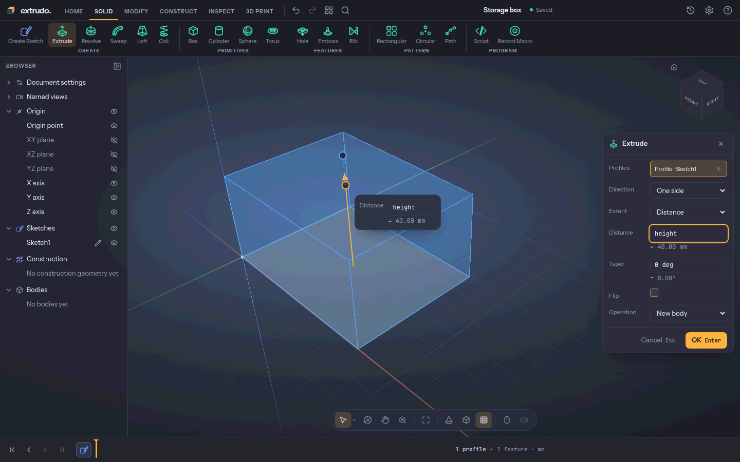 The Extrude dialog lifting the base to height