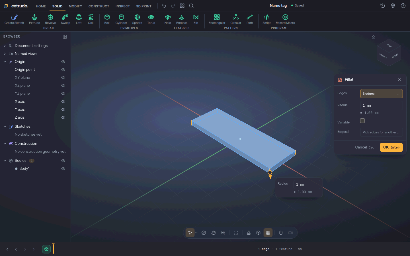 The Fillet dialog with three edges picked