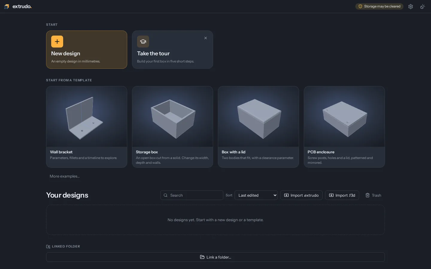 Extrudo's home screen, with a New design card, the tour, four templates and more examples.