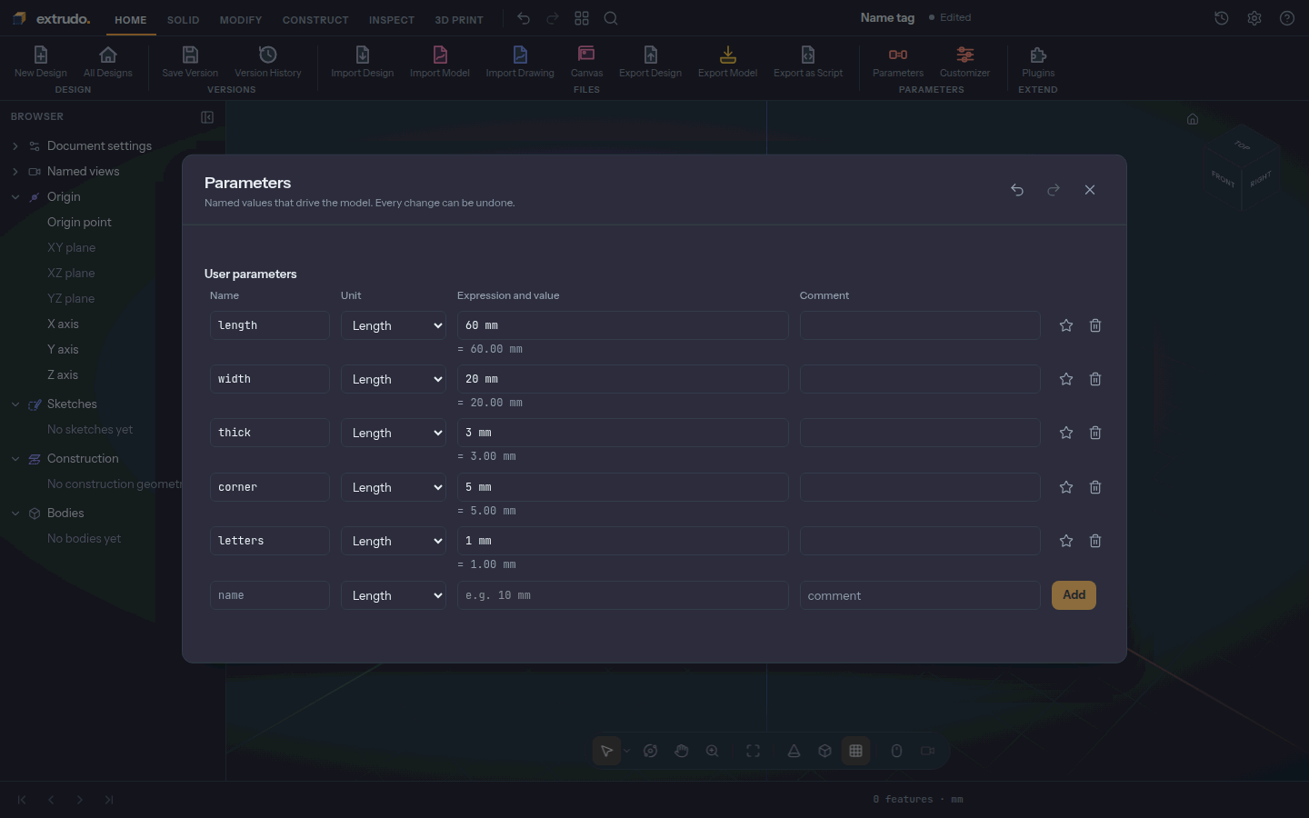The Parameters dialog with five parameters