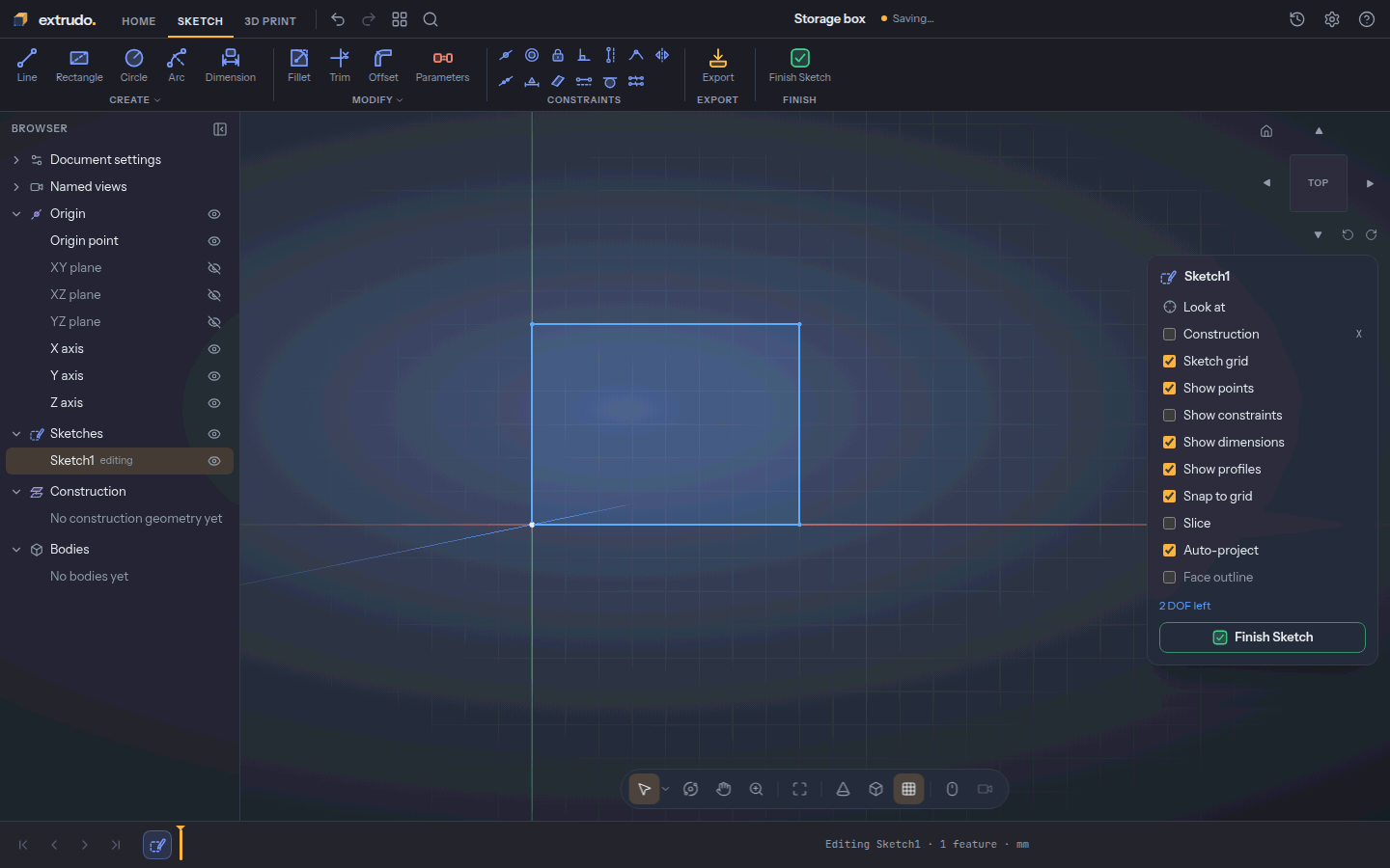 The box's outline drawn from the origin