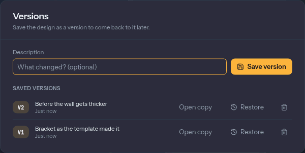 The Versions dialog with two saved versions